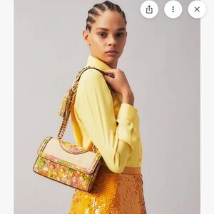 NWT Tory Burch Fleming Printed Straw Convertible Shoulder Bag